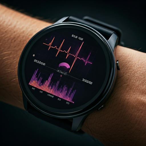 High-tech smartwatch and biometric sensor displaying glowing heart rate data